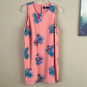 ICONE Coral Pink Parrot Print Shift Dress Size Large